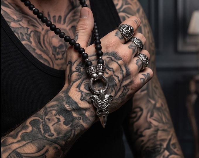 Black onyx bead necklace with stainless steel elements and skull pendant of your choice
