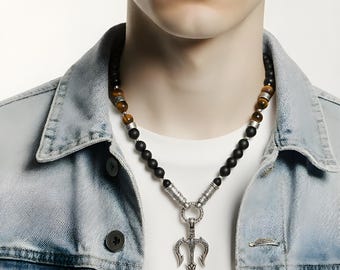 Unisex pearl necklace – onyx & tiger's eye (10 mm) with stainless steel elements and pendant of your choice