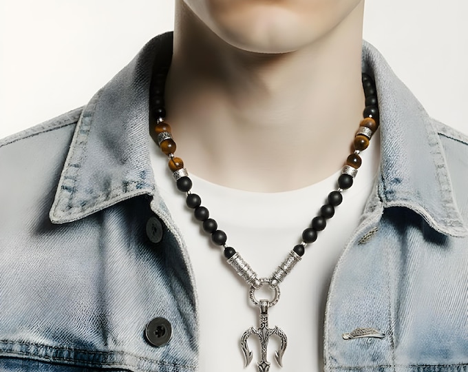 Unisex pearl necklace – onyx & tiger's eye (10 mm) with stainless steel elements and pendant of your choice