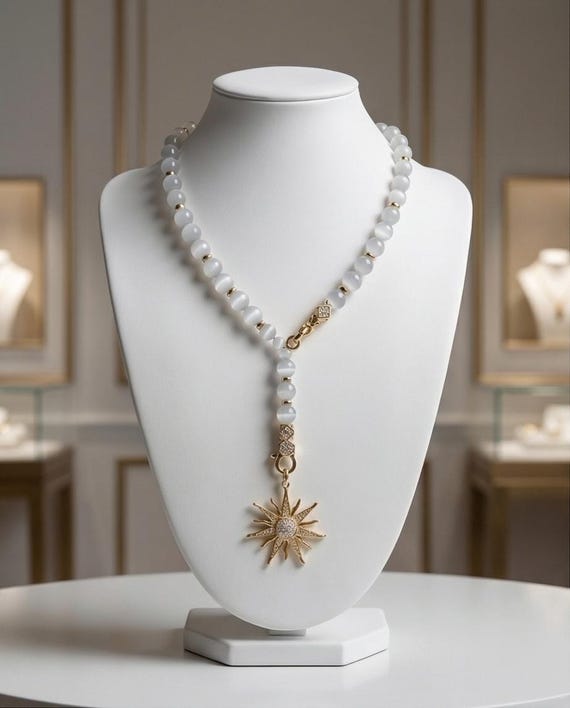 Elegant moonstone necklace with stainless steel and cubic zirconia – pendant choice: sun or lily