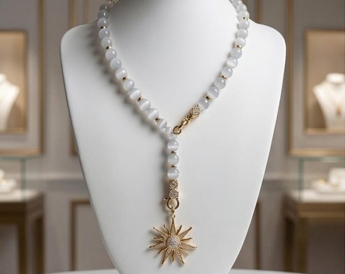 Elegant moonstone necklace with stainless steel and cubic zirconia – pendant choice: sun or lily