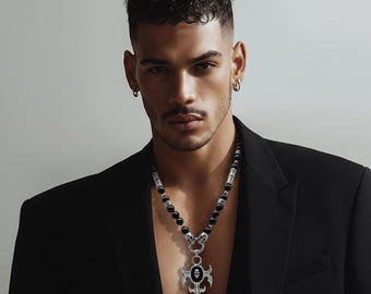 Unisex pearl necklace made of onyx stone, stainless steel elements and skull pendant