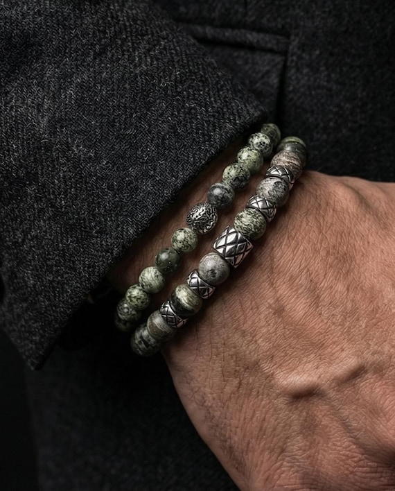 Beaded bracelet set made of green jasper stone and stainless steel elements, unisex, with stone selection options: black onyx, lava stone, howlite