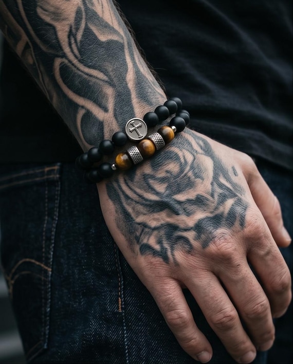 Bracelet set – Onyx & Tiger's Eye (10 mm, 8 mm and 6 mm) and stainless steel elements