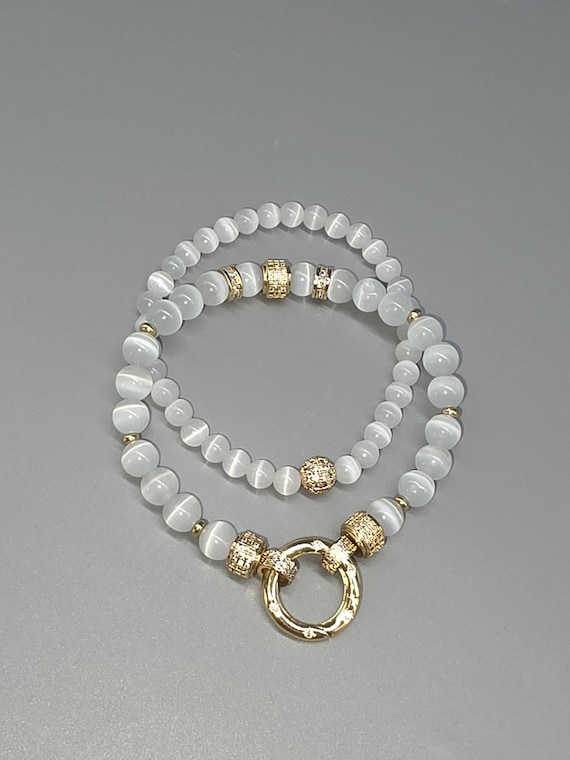 Elegant moonstone and beaded bracelet set for women with stainless steel elements and cubic zirconia stones