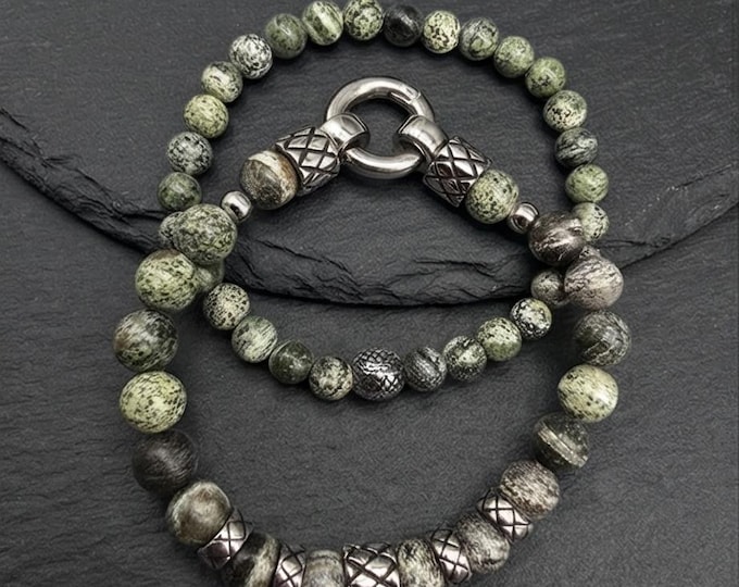 Beaded bracelet set made of green jasper stone and stainless steel elements, unisex, with stone selection options: black onyx, lava stone, howlite