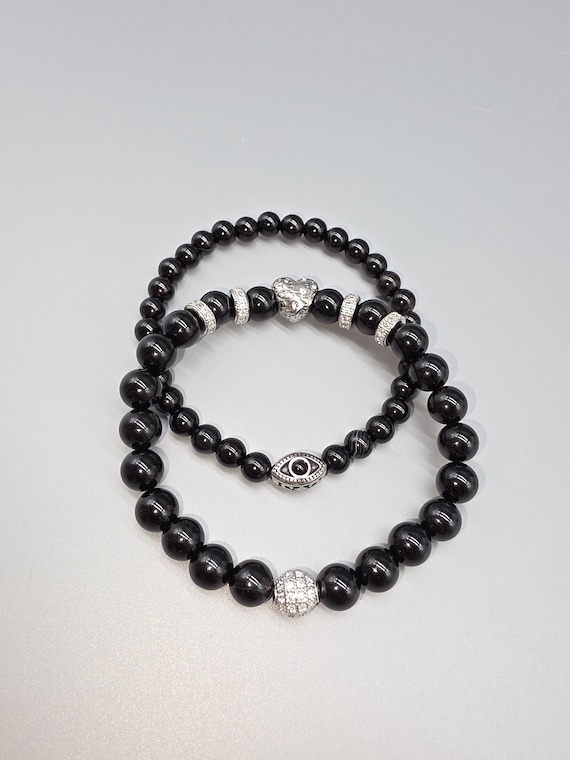 Bracelet set “Onyx, zirconia and stainless steel” – luxury in two sizes