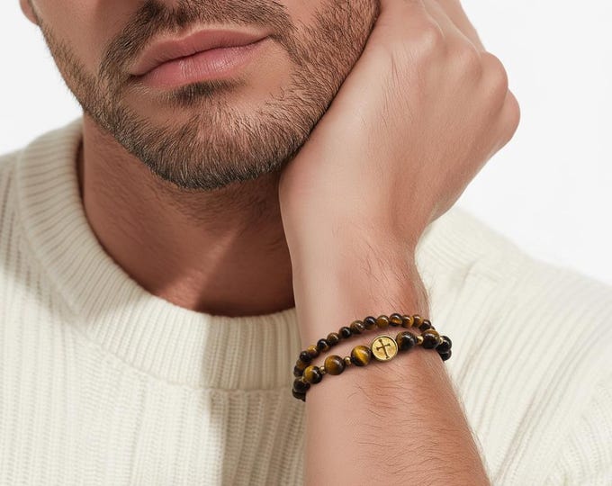 “Tiger’s Eye & Onyx” Bracelet Set with Cross – Natural Stone Meets Luxury