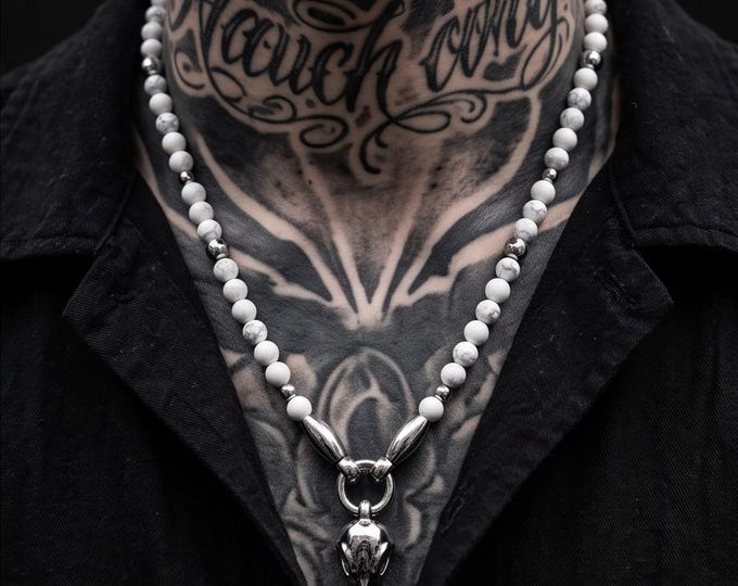 Stylish men's and unisex pearl necklace with onyx or howlite and stainless steel raven