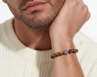 Zodiac sign beaded bracelet – unisex, tiger's eye matte & stainless steel, 8 mm stretch band