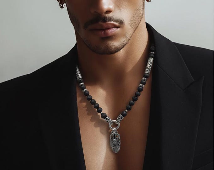 Featured listing image: Unisex pearl necklace made of lava stone and skull pendant made of stainless steel