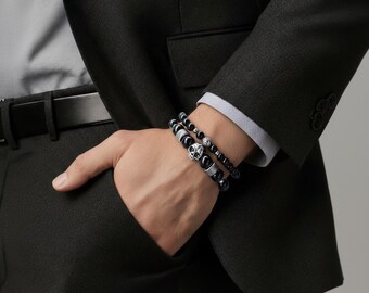 Pearl bracelet set made of black onyx stone and stainless steel elements