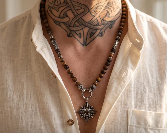 Men's necklace with Viking compass (Vegvísir) | Tiger Eye or Onyx | stainless steel