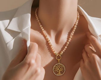 Elegant moonstone pearl necklace for women with stainless steel elements and tree of life pendant with rhinestones
