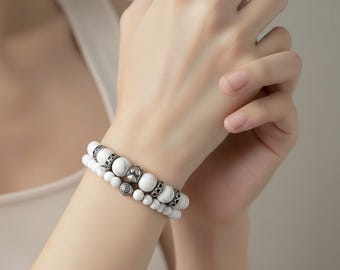 Pearl bracelet set for women – onyx or howlite and stainless steel elements