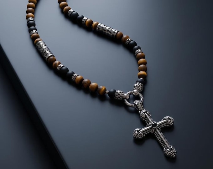 Men's necklace with onyx, tiger's eye & cross pendant made of stainless steel