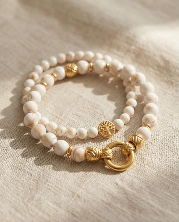 Bracelet set “Golden Howlite, Stylish harmony in two sizes and stainless steel elements”