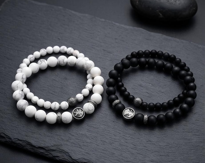 Zodiac Sign Beaded Bracelet Set – Black Onyx or White Howlite and Stainless Steel Elements