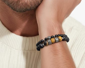 Bracelet set – Onyx & Tiger's Eye (10 mm, 8 mm and 6 mm) and stainless steel elements