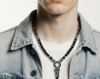 Unisex pearl necklace – matte black onyx & stainless steel