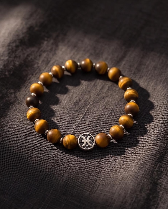 Zodiac sign beaded bracelet – unisex, tiger's eye matte & stainless steel, 8 mm stretch band