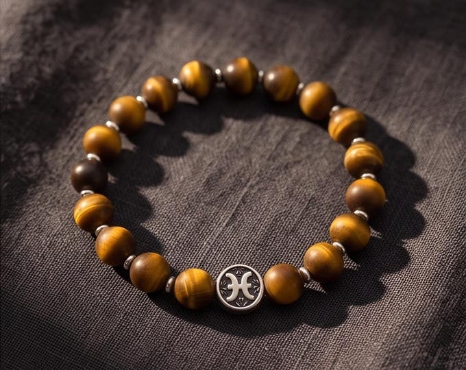 Zodiac sign beaded bracelet – unisex, tiger's eye matte & stainless steel, 8 mm stretch band
