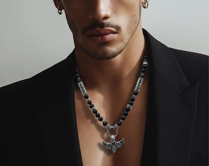 Featured listing image: Unisex pearl necklace made of matte onyx with stainless steel elements and skull pendant