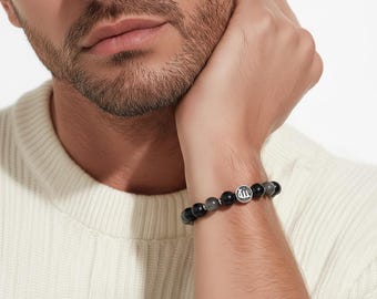 Zodiac Sign Beaded Bracelet – Unisex, Obsidian Green & Stainless Steel, 8 mm Stretch Band