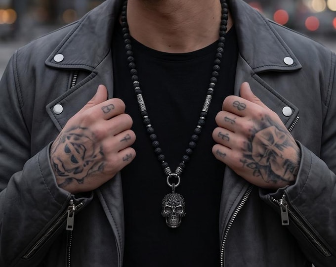 Rock-inspired men's necklace with onyx/lava stone & rhinestone skull