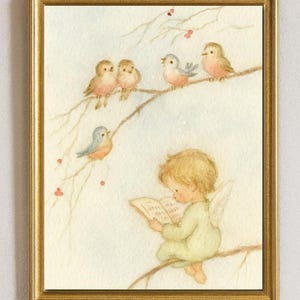 Fairy Boy Reading with Birds – Gentle Storybook Art Print
