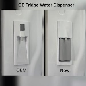 May include: Image shows two white refrigerator water dispensers. The left dispenser is labeled "OEM" and the right dispenser is labeled "New". The text "GE Fridge Water Dispenser" is at the top of the image.