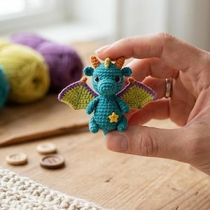 May include: A small, teal crocheted dragon figurine featuring orange horns, lime green wings with purple edges, and a yellow star detail on its chest. The creature has a rounded head, small ears, and a textured surface created by yarn stitches.