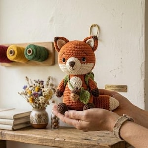 Handmade Crochet Fox Plushie with Tiny Backpack - Amigurumi Forest Animal Toy, StuffedHandmade