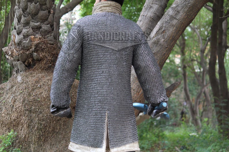 May include: A silver chainmail coat with long sleeves and a split hem. The coat has a high collar and is worn over a light-colored garment. The image is taken outdoors with trees in the background.