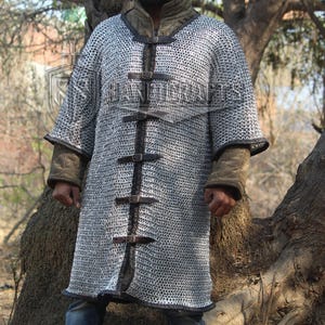 Aluminum Chainmail Haubergeon: Lightweight Anodized Armor, Leather Edges