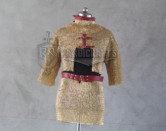 Brass Chainmail Armor Set: Half Body Hauberk, Skirt & Collar - LARP Cosplay