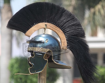Roman Gallic Helmet: Blue Antique Finish, Black Horse Hair Crest