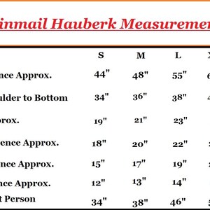 May include: A chart titled "Chainmail Hauberk Measurements" with size specifications. Measurements include chest circumference (44"-66"), length from shoulder to bottom (34"-42"), and sleeve length (19"-26"). Also armpit, elbow, and wrist circumferences are listed.