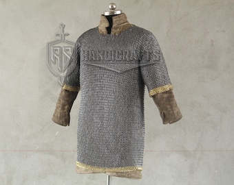 Wedge Rivet Chainmail Haubergeon: Medieval Armor Shirt, Brass Edges