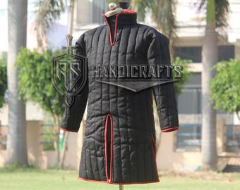 Medieval Quilted Gambeson – Black Jacket with Red Borders for LARP & Renaissance Fairs