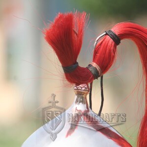May include: Close-up of a silver and red helmet with a bright red plume. The plume is secured with black bands and a black cord. The helmet has a decorative crest and the text "RR HANDICRAFTS".