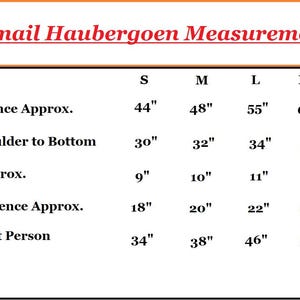 May include: A chart titled "Chainmail Haubergoen Measurements" with size specifications. Includes chest circumference (44"-66"), length from shoulder to bottom (30"-38"), sleeve length (9"-13"), armpit circumference (18"-26"), and chest fit (34"-56").