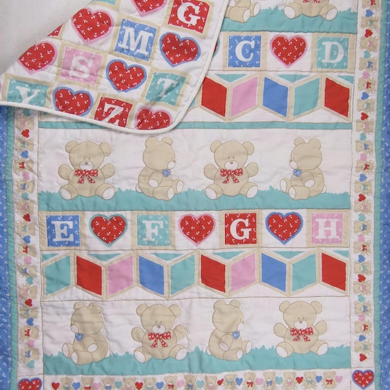 Vintage ABC's Teddy Bear small quilted blanket