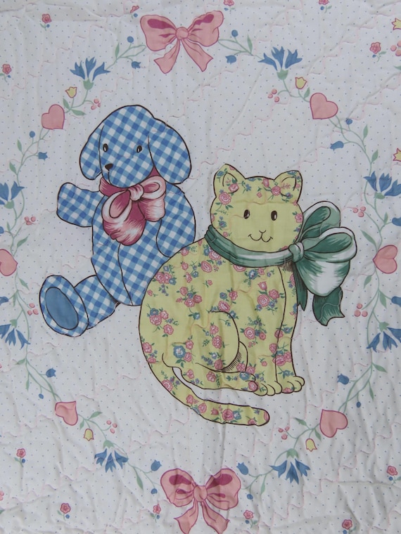 Vintage Puppy and Kitty small quilted blanket
