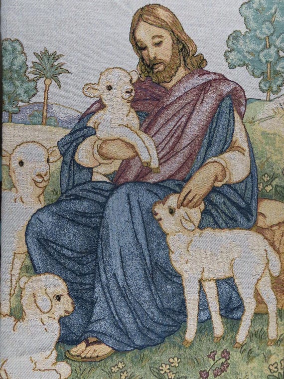 Vintage Jesus the Good Shepherd woven tapestry blanket