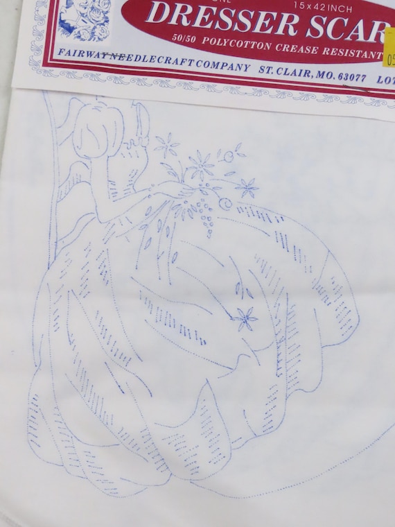 Vintage DIY Woman with flowers Dresser Scarf stamped for embroidery -New with packaging