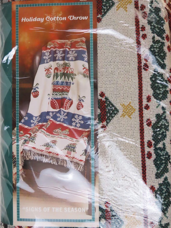 Vintage Christmas "Signs of the Season" woven throw blanket -New in package