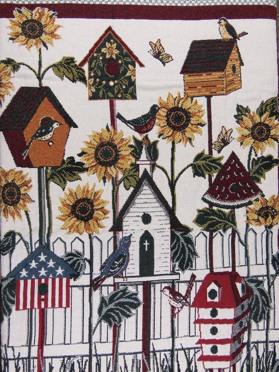Vintage Birdhouses and Sunflowers woven tapestry blanket