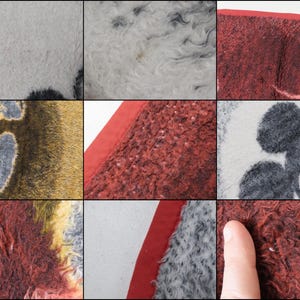 May include: A collage of nine close-up views of a plush, textured blanket featuring a Mickey Mouse graphic. The fabric displays a mix of deep red, grey, white, and golden-brown tones with a soft, fuzzy pile and a solid red fabric border trim.