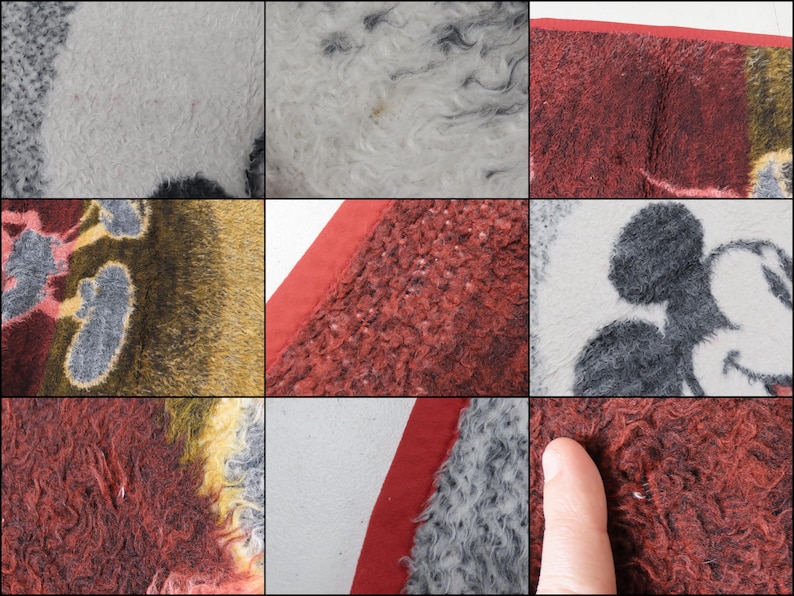 May include: A collage of nine close-up views of a plush, textured blanket featuring a Mickey Mouse graphic. The fabric displays a mix of deep red, grey, white, and golden-brown tones with a soft, fuzzy pile and a solid red fabric border trim.